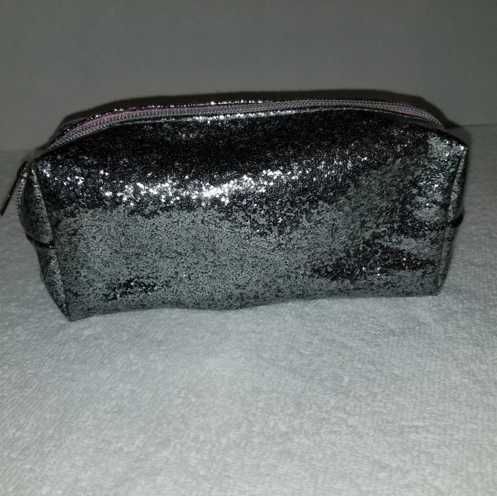 Glittery Silver Zippered Cosmetic Pouch Pink Inside
